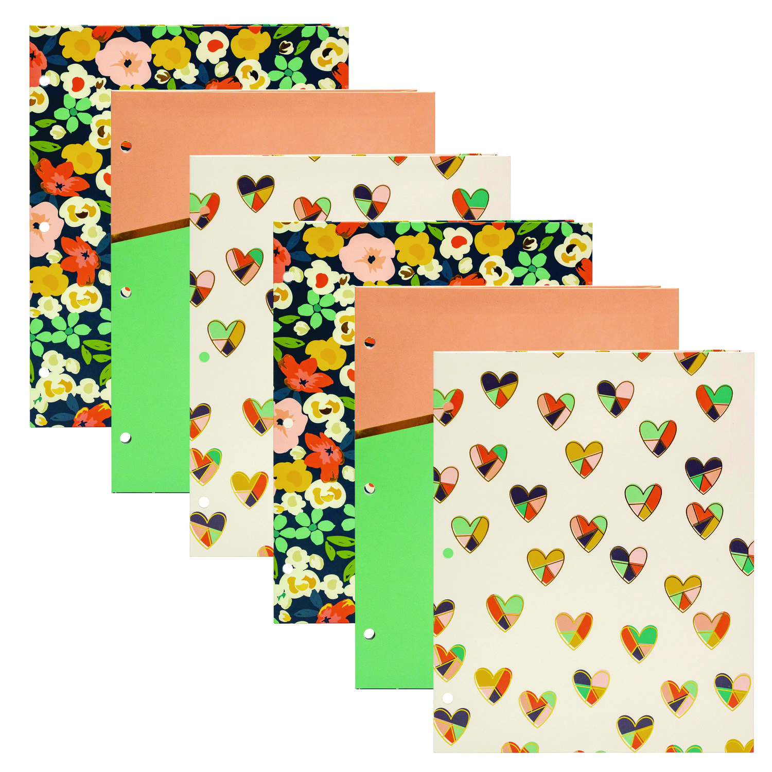 Two-Pocket Portfolio Folder, 1″ Capacity, 9.6 x 11.9, Floral/Geometric/Hearts, 6/Pack