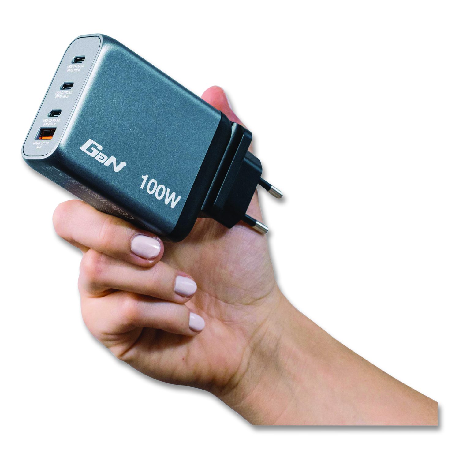 100 W 4-Port GaN Wall Charger, Black/Gray - Office Source 360