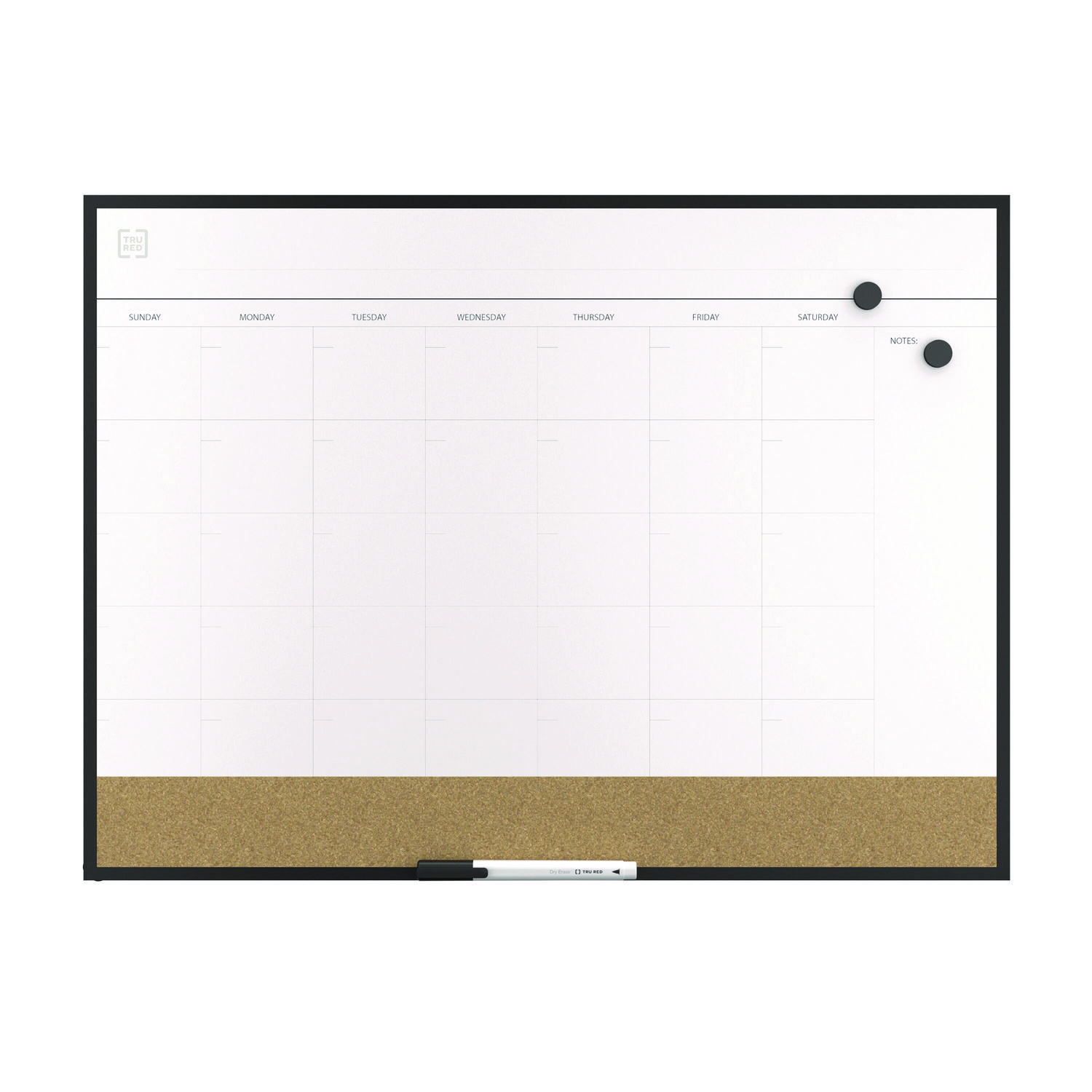 Magnetic Steel Dry Erase Combo Board, Monthly Planning/Scheduling, 23″ x 17″, White/Natural Surface, Black Aluminum Frame