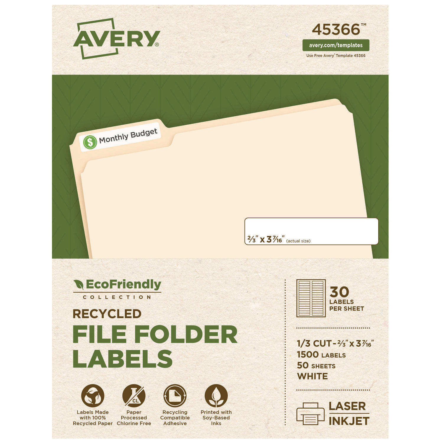 EcoFriendly Permanent File Folder Labels, 0.66 x 3.44, White, 30/Sheet, 50 Sheets/Pack