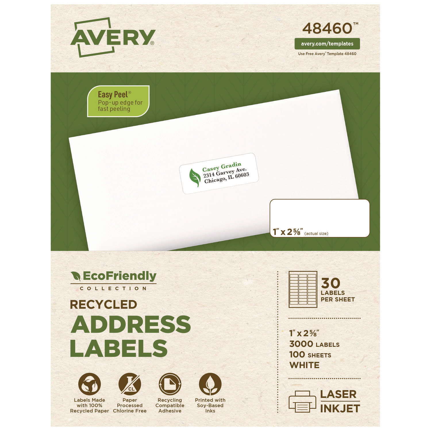 EcoFriendly Mailing Labels, Inkjet/Laser Printers, 1 x 2.63, White, 30/Sheet, 100 Sheets/Pack