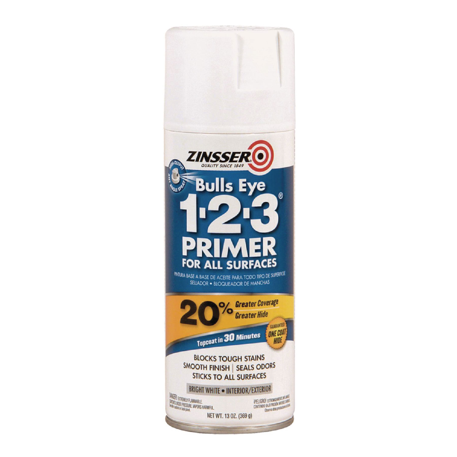 Bulls Eye 1-2-3 Primer Spray, Interior/Exterior, Flat White, 13 oz Aerosol Can, 6/Carton
