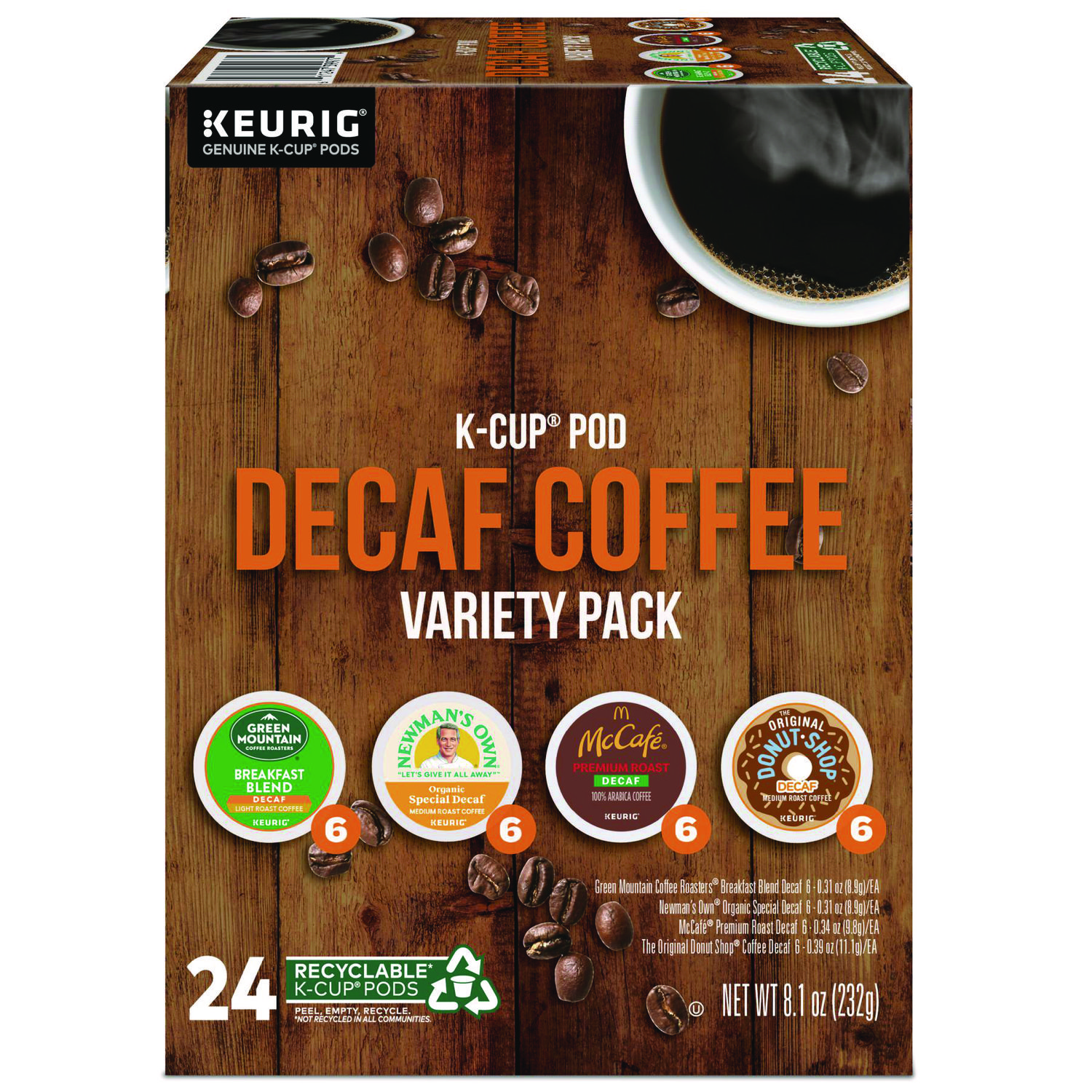 Decaf Variety Coffee K-Cups, Assorted Flavors, 0.38 oz K-Cup, 24/Box