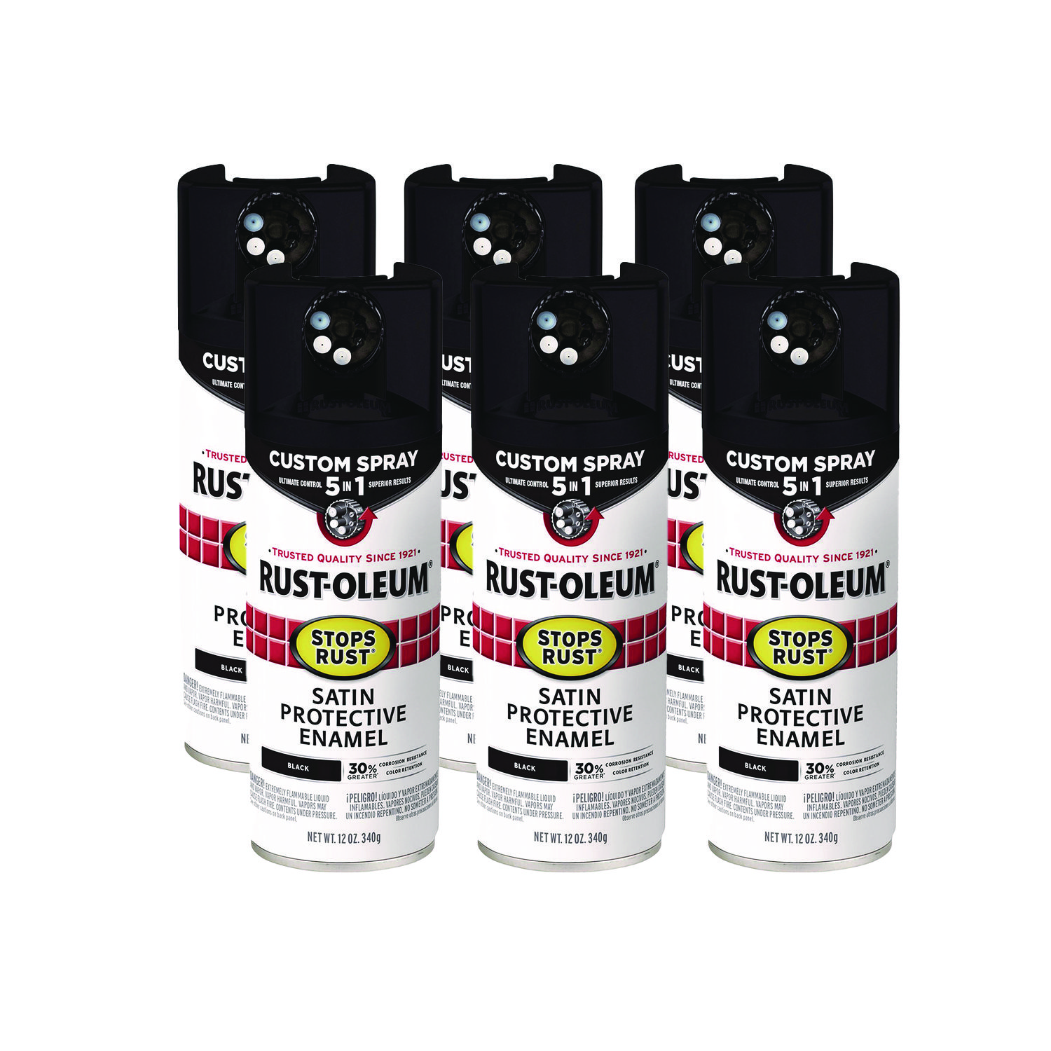 Stops Rust 5-in-1 Spray Paint, Satin Black, 12 oz Aerosol Can, 6/Carton