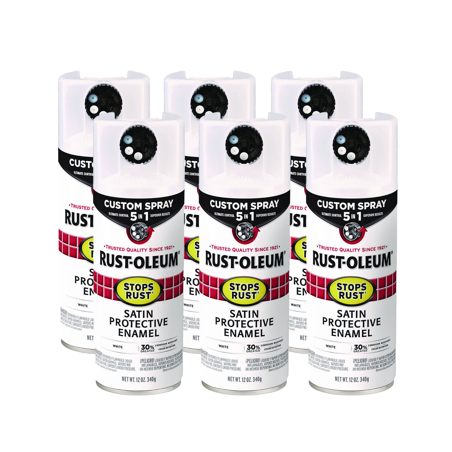 Stops Rust 5-in-1 Spray Paint, Satin White, 12 oz Aerosol Can, 6/Carton