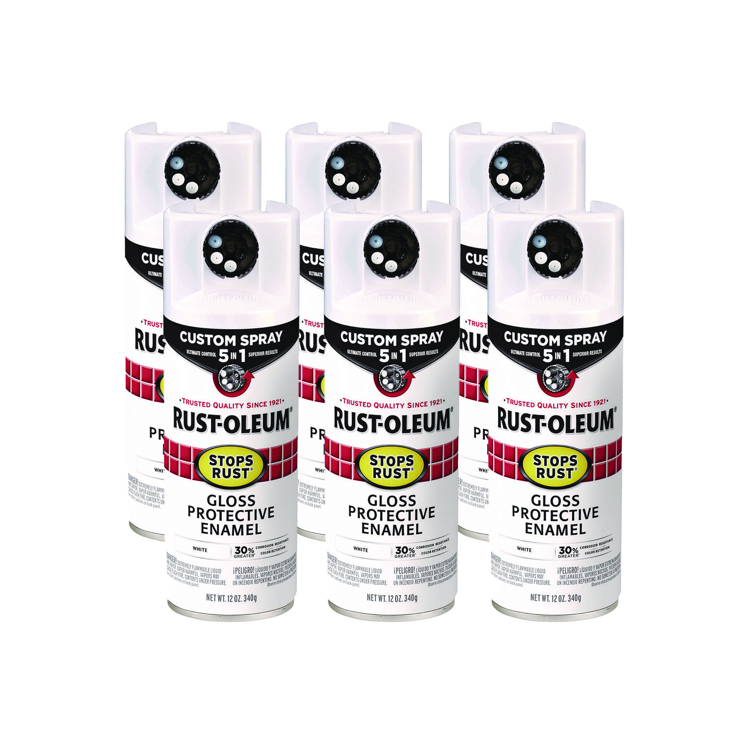 Stops Rust 5-in-1 Spray Paint, Gloss White, 12 oz Aerosol Can, 6/Carton