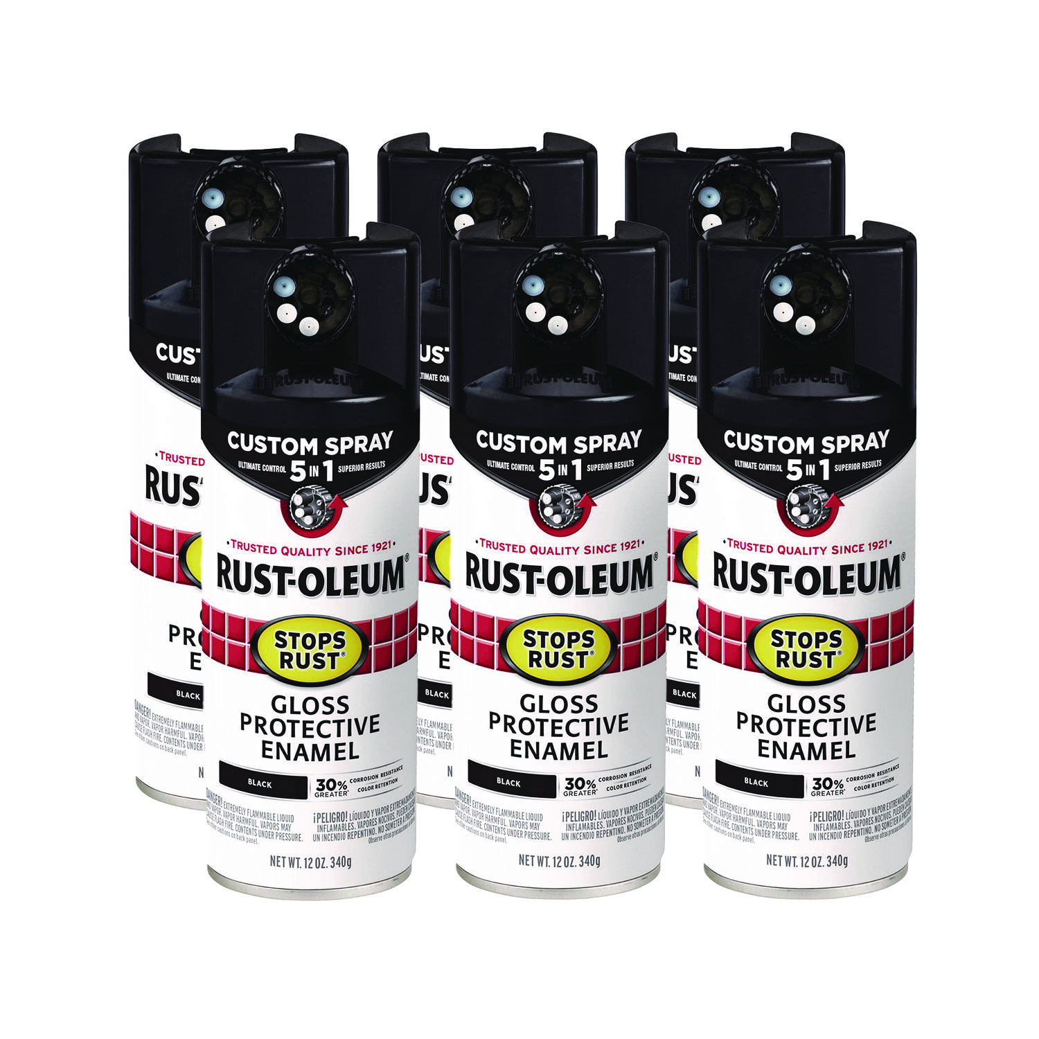 Stops Rust 5-in-1 Spray Paint, Gloss Black, 12 oz Aerosol Can, 6/Carton
