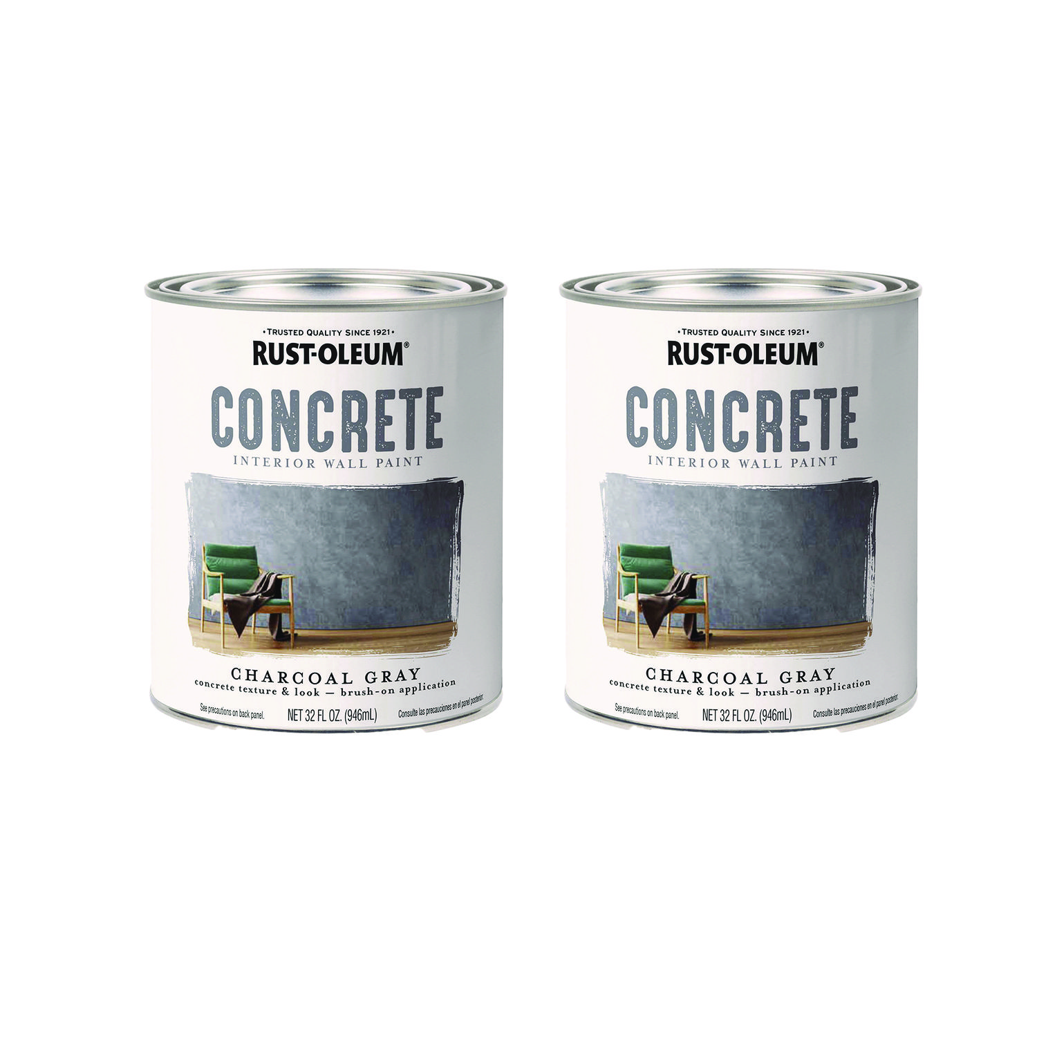Concrete Interior Wall Paint, Flat Charcoal Gray, Quart Can, 2/Carton