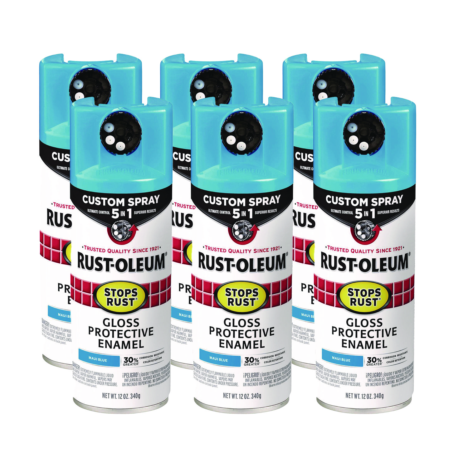 Stops Rust 5-in-1 Spray Paint, Gloss Maui Blue, 12 oz Aerosol Can, 6/Carton