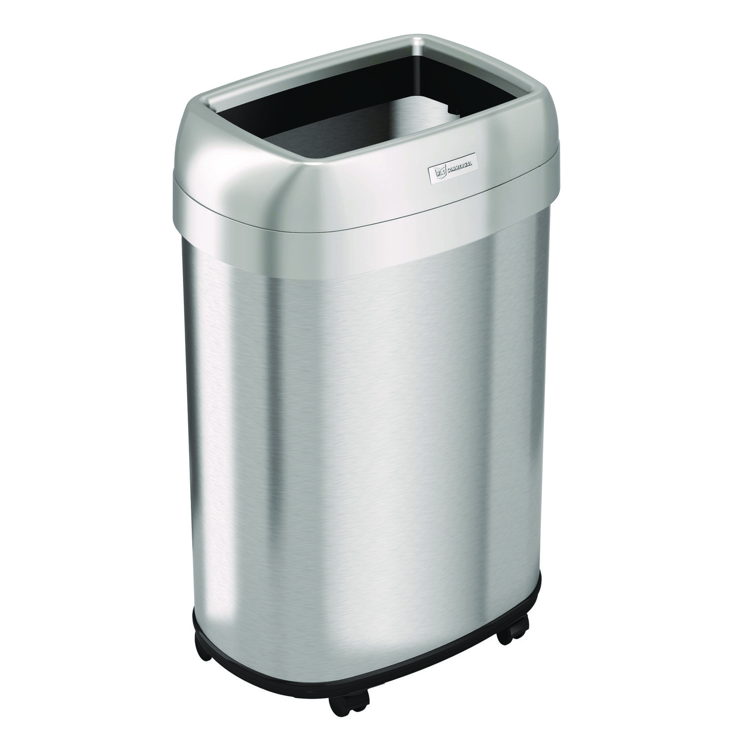 Open Top Trash Can with Wheels, Oval, 13 gal, Plastic/Stainless Steel, Silver