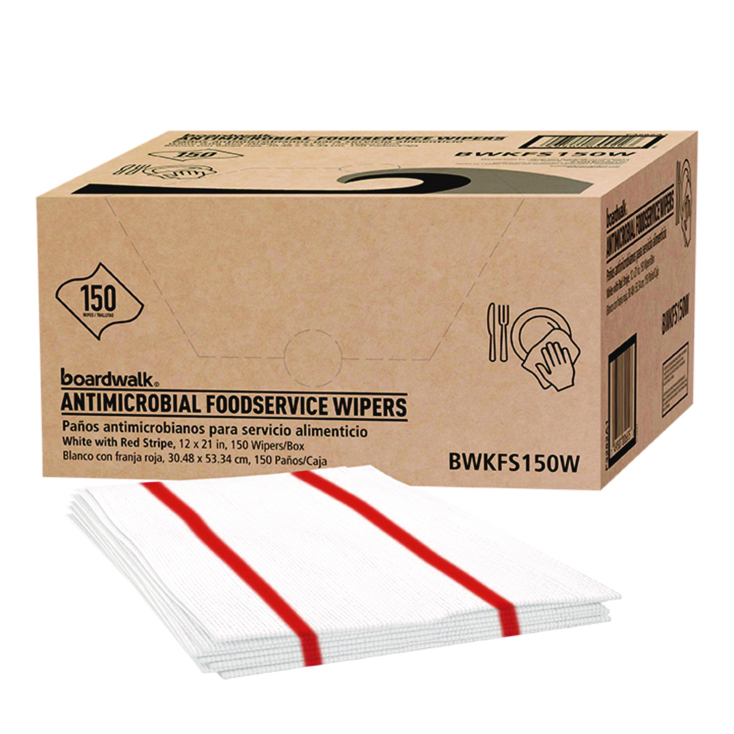 Antimicrobial Foodservice Wipers, 1-Ply, 12 x 21, Red/White, 150/Carton