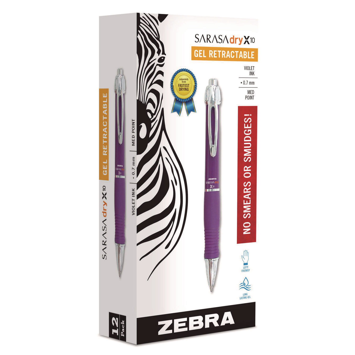 Sarasa Dry X10 Gel Pen, Retractable, Medium 0.7 mm, Violet Ink, Violet/Silver Barrel, 12/Pack