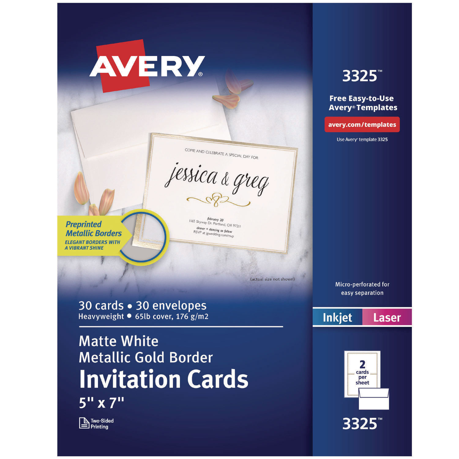 Invitation Cards with Metallic Border, Inkjet/Laser, 80 lb, 5 x 7, Matte White, 2 Cards/Sheet, 15 Sheets/Pack