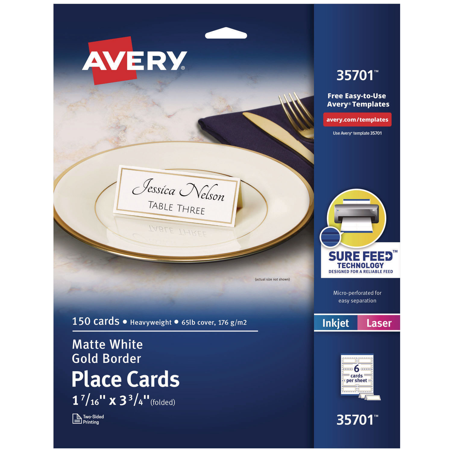 Tent Cards, White/Gold, 3.75″ x 1.44″, 6 Cards/Sheet, 25 Sheets/Pack