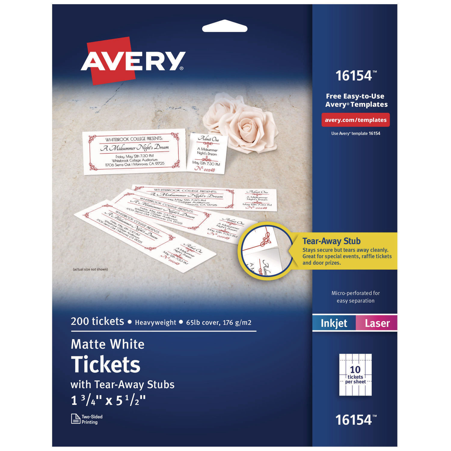 Printable Tickets w/Tear-Away Stubs, 97 Bright, 65 lb Cover Weight, 8.5 x 11, White, 10 Tickets/Sheet, 20 Sheets/Pack