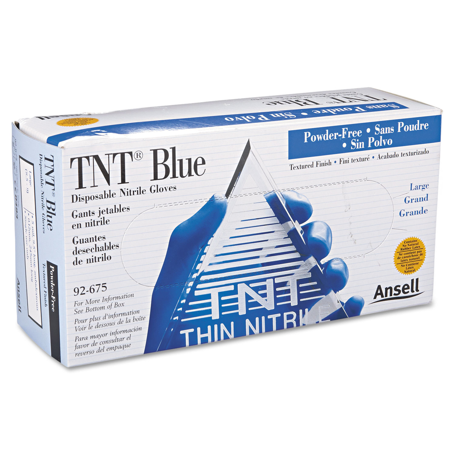  AnsellPro 105083 TNT Disposable Nitrile Gloves, Non-powdered, Blue, Large, 100/Box (ANS92675L) 