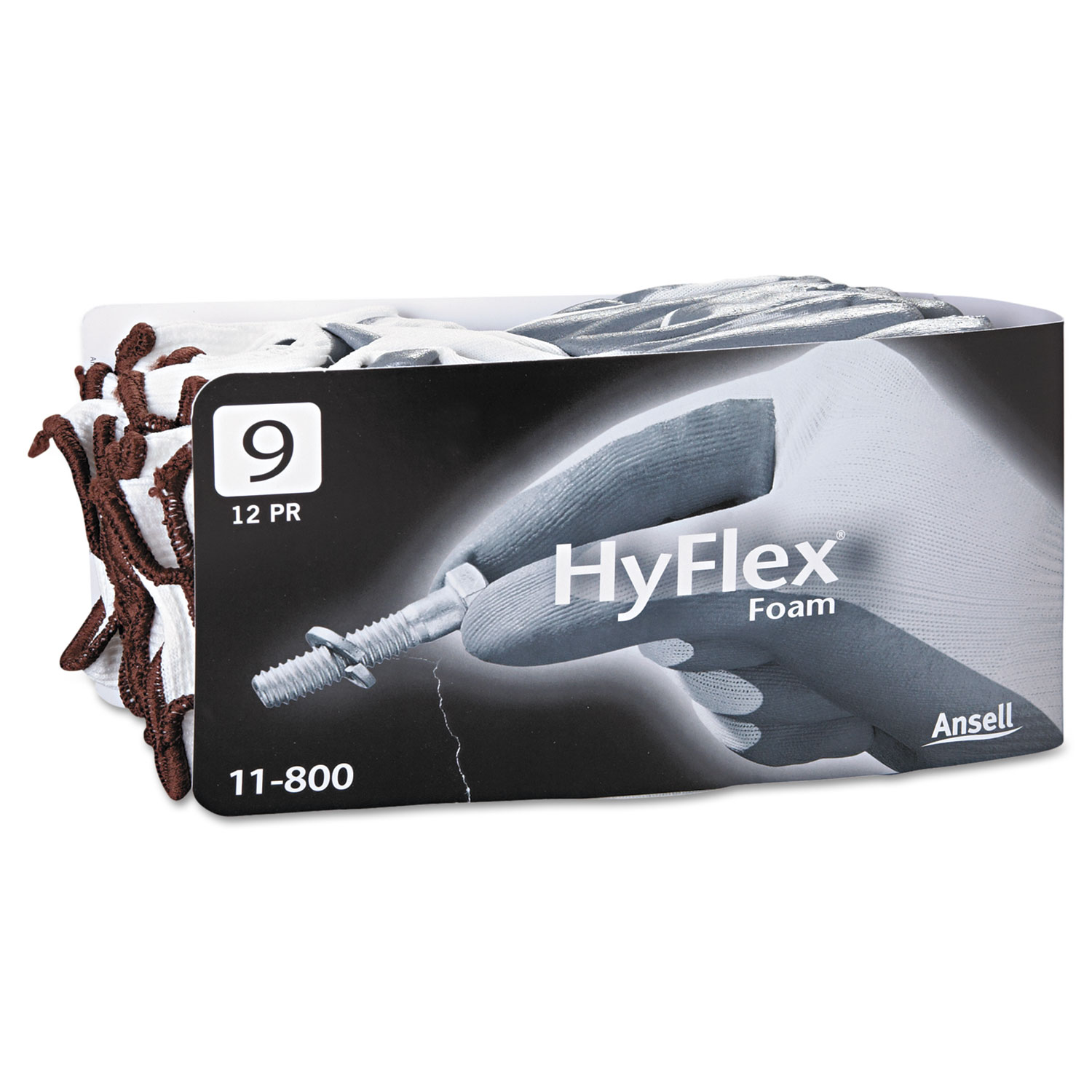 HyFlex Foam Gloves, White/Gray, Size 9, 12 Pairs