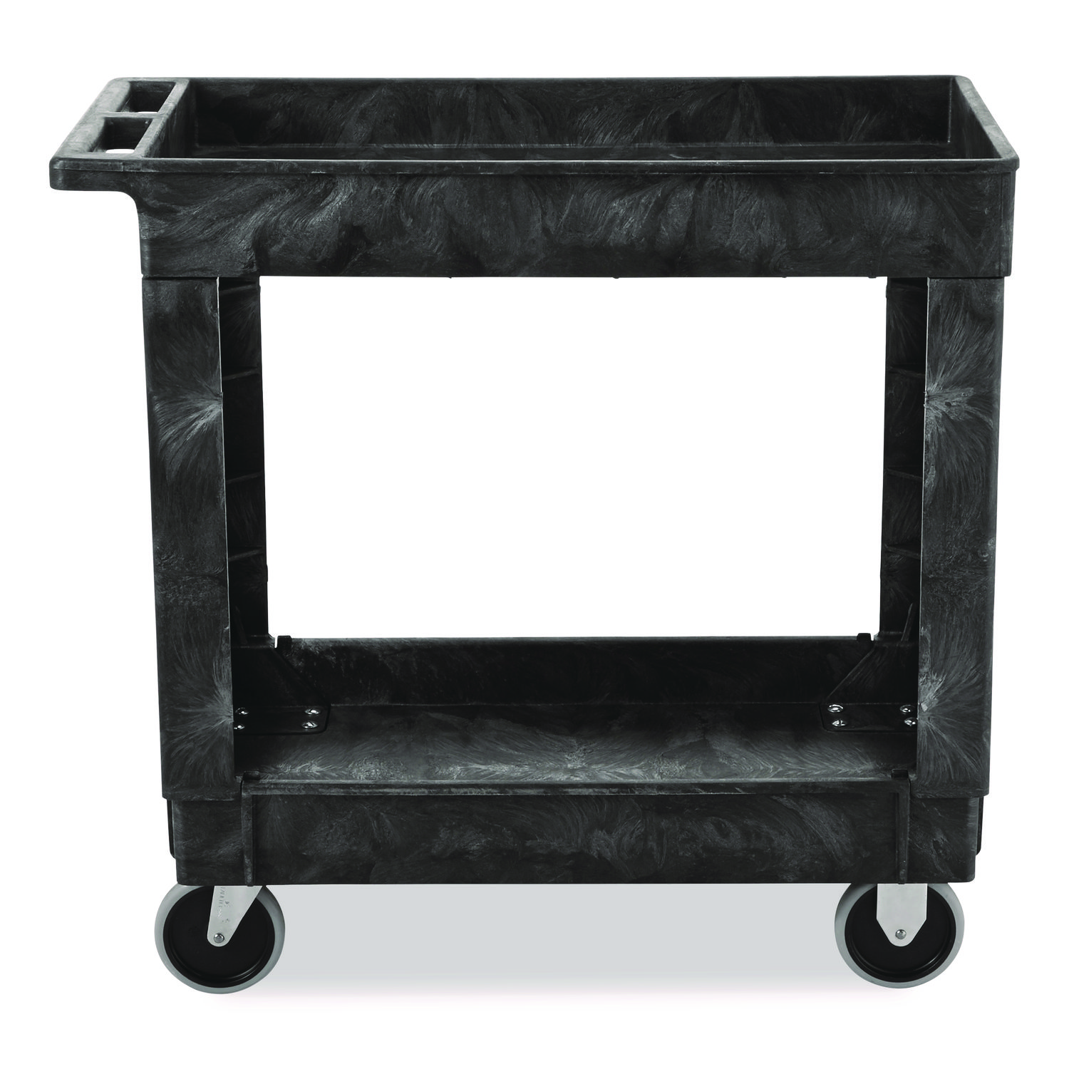 Heavy-Duty Flat-Handle Maintenance/Utility Cart, Plastic, 2 Shelves, 500 lb Capacity, 34.13" x 17.38" x 32.38", Black