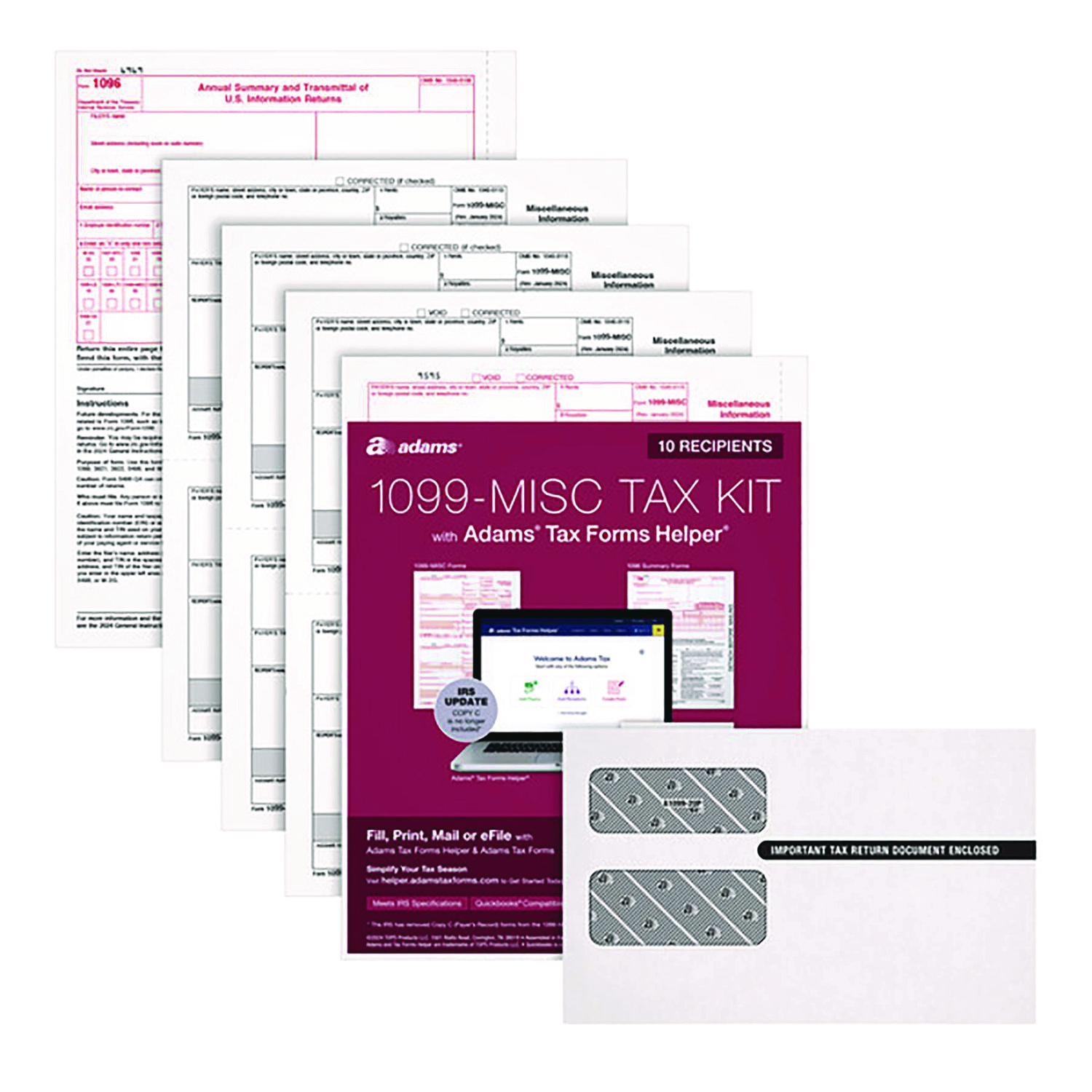 Adams® 1099-MISC Five-Part Laser Forms and Envelopes, Fiscal Year: 2023, 5-Part Carbonless, 8 x 5, 2 Forms/Sheet, 10 Forms Total