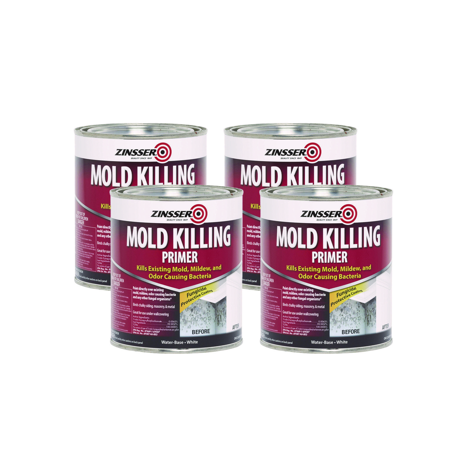 Mold Killing Primer, Flat White, 1 qt Bucket/Pail, 4/Carton