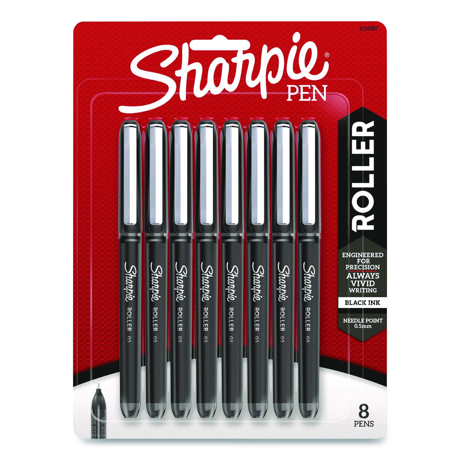 Sharpie® Roller Roller Ball Stick Pen, Fine 0.5 mm, Black Ink/Barrel, 8/Pack