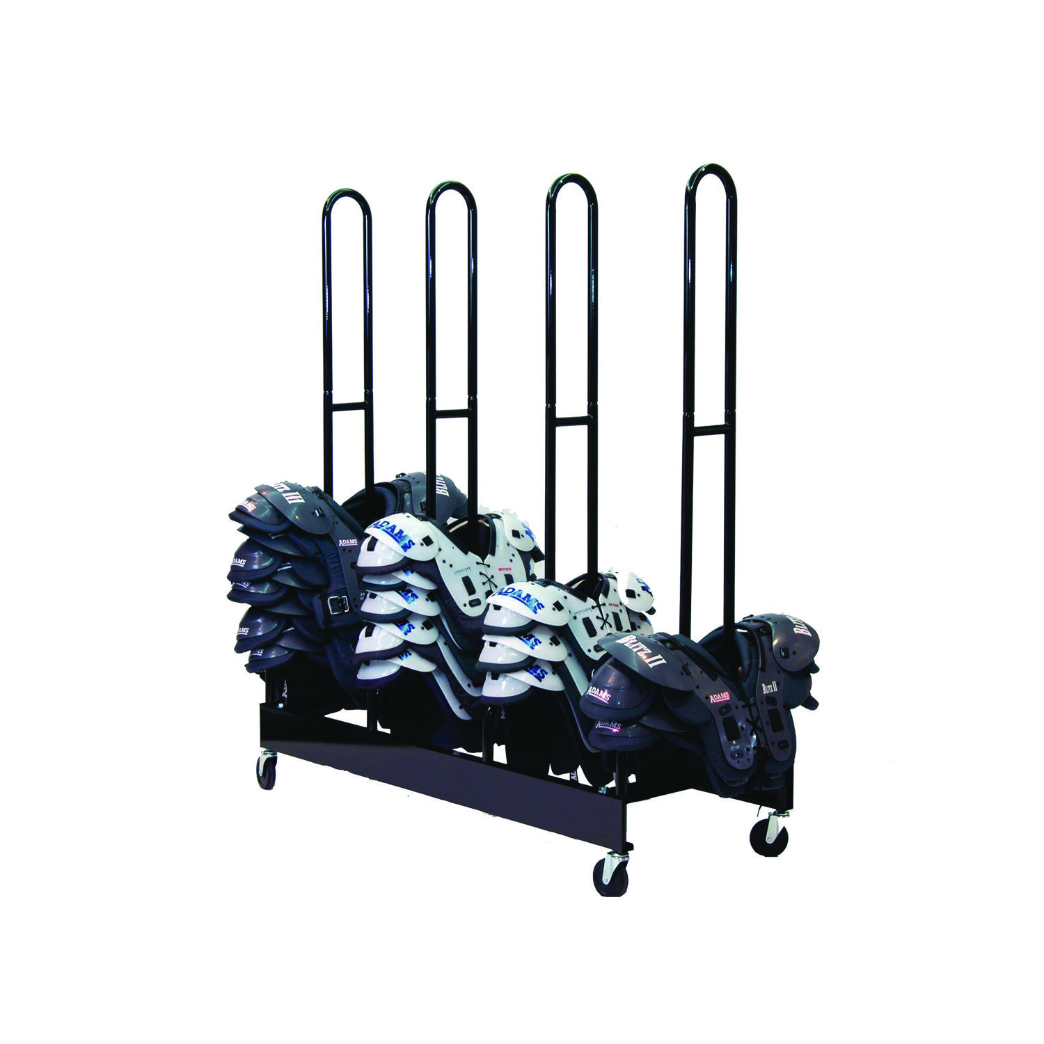 Mobile Four-Stack Shoulder Pad Rack, Metal, 176 lb Capacity, 24" x 59" x 68", Black
