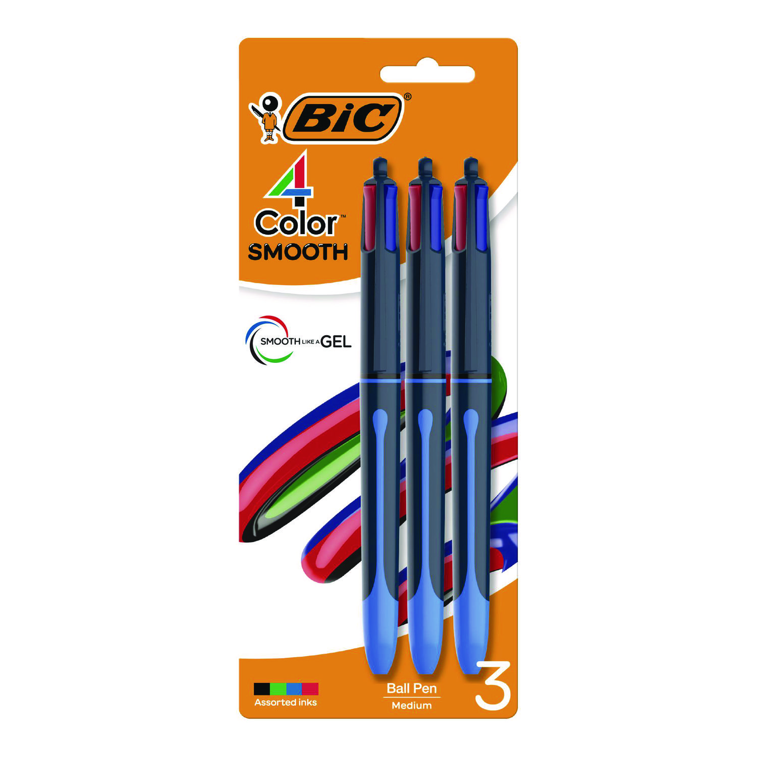 BIC® 4-Color Multifunction Ballpoint Pen, Retractable, Medium 1 mm, Black/Blue/Green/Red Ink, Black/Blue Barrel, 3/Pack