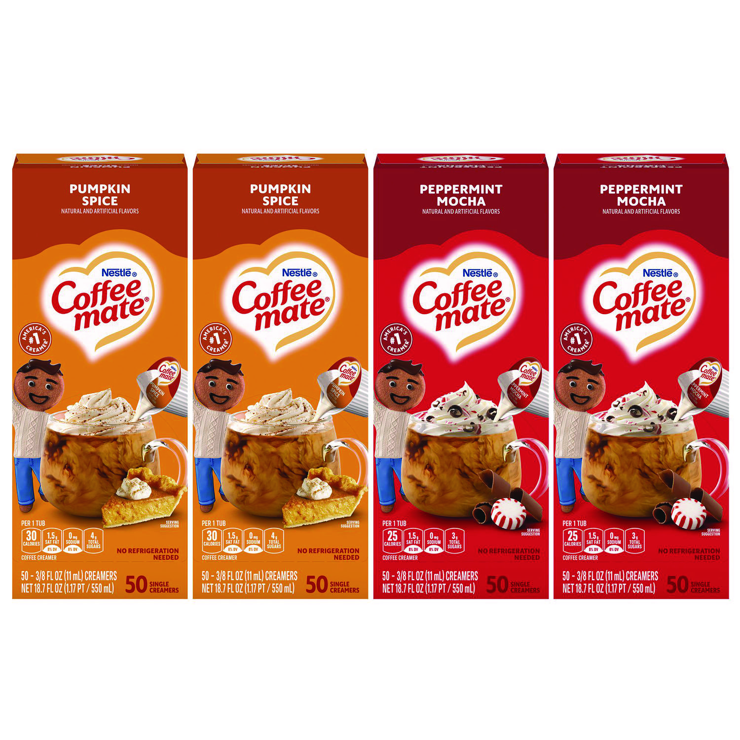 Liquid Coffee Creamer, Peppermint Mocha/Pumpkin Spice, 0.38 oz Mini Cups, 50/Pack, 4 Packs/Carton