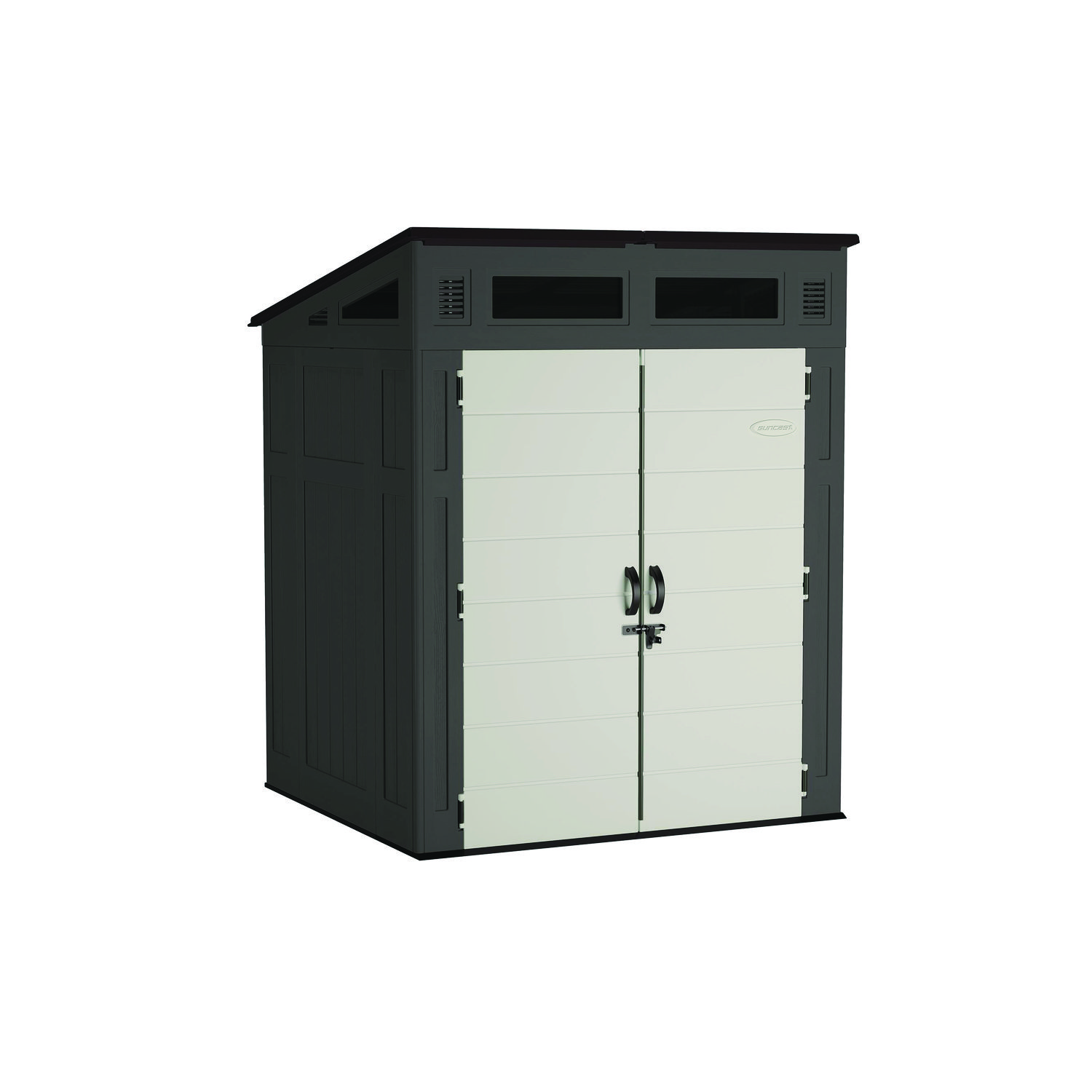 Modernist Storage Shed, 200 cu ft, 6 ft 2.5" x 5 ft 8.25" x 7 ft 5.75", Peppercorn/Black/Passive
