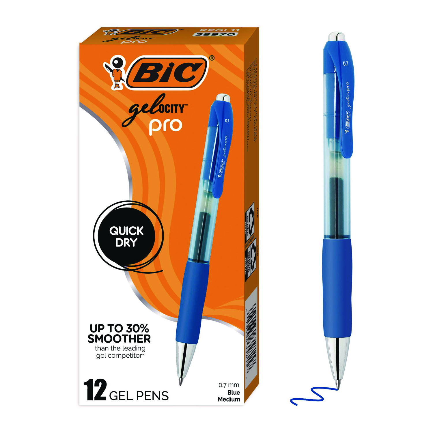 BIC® Gelocity Pro Gel Pens, Retractable, Medium 0.7 mm, Blue Ink, Blue/Clear Barrel, 12/Pack