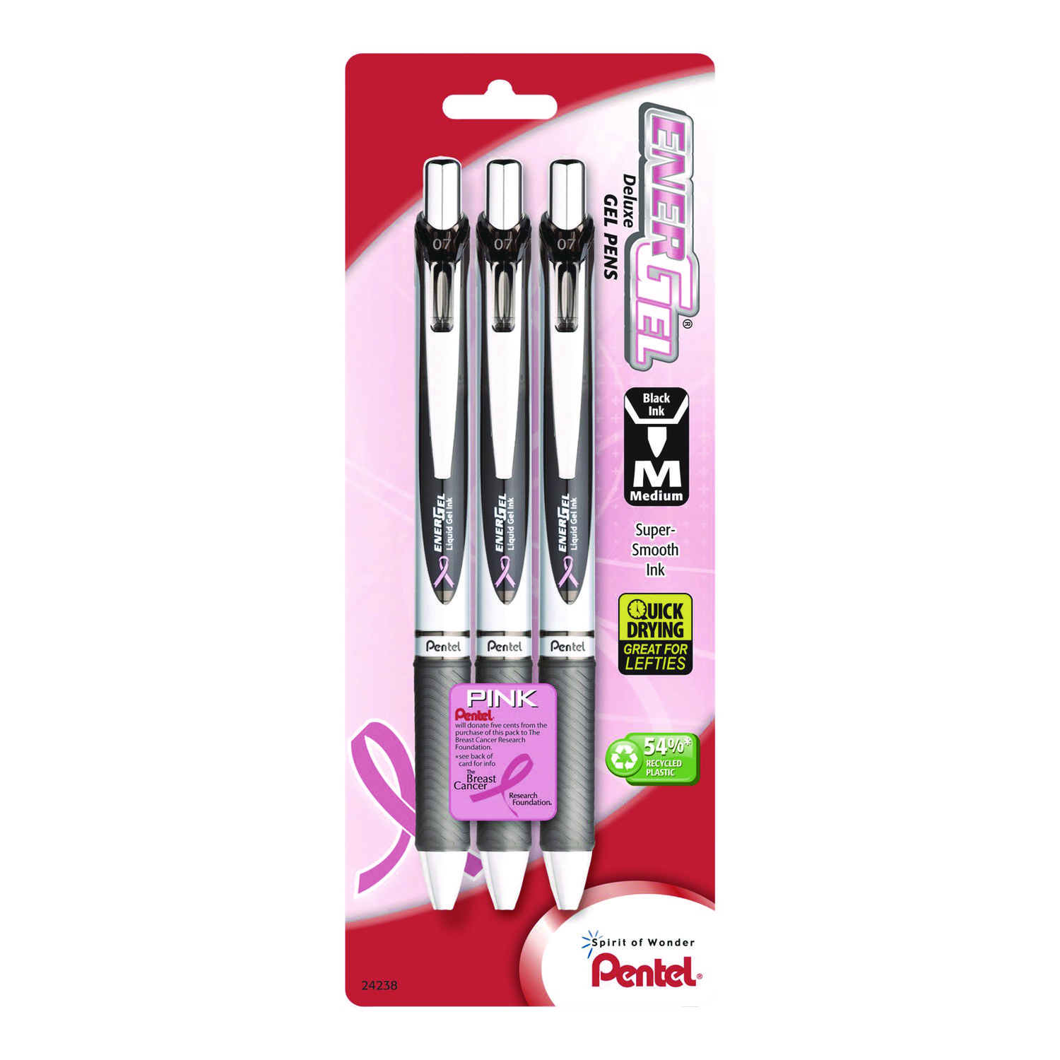 Pentel® EnerGel RTX Deluxe Gel Pen, Retractable, Medium 0.7 mm, Black Ink, Black Barrel, 3/Pack