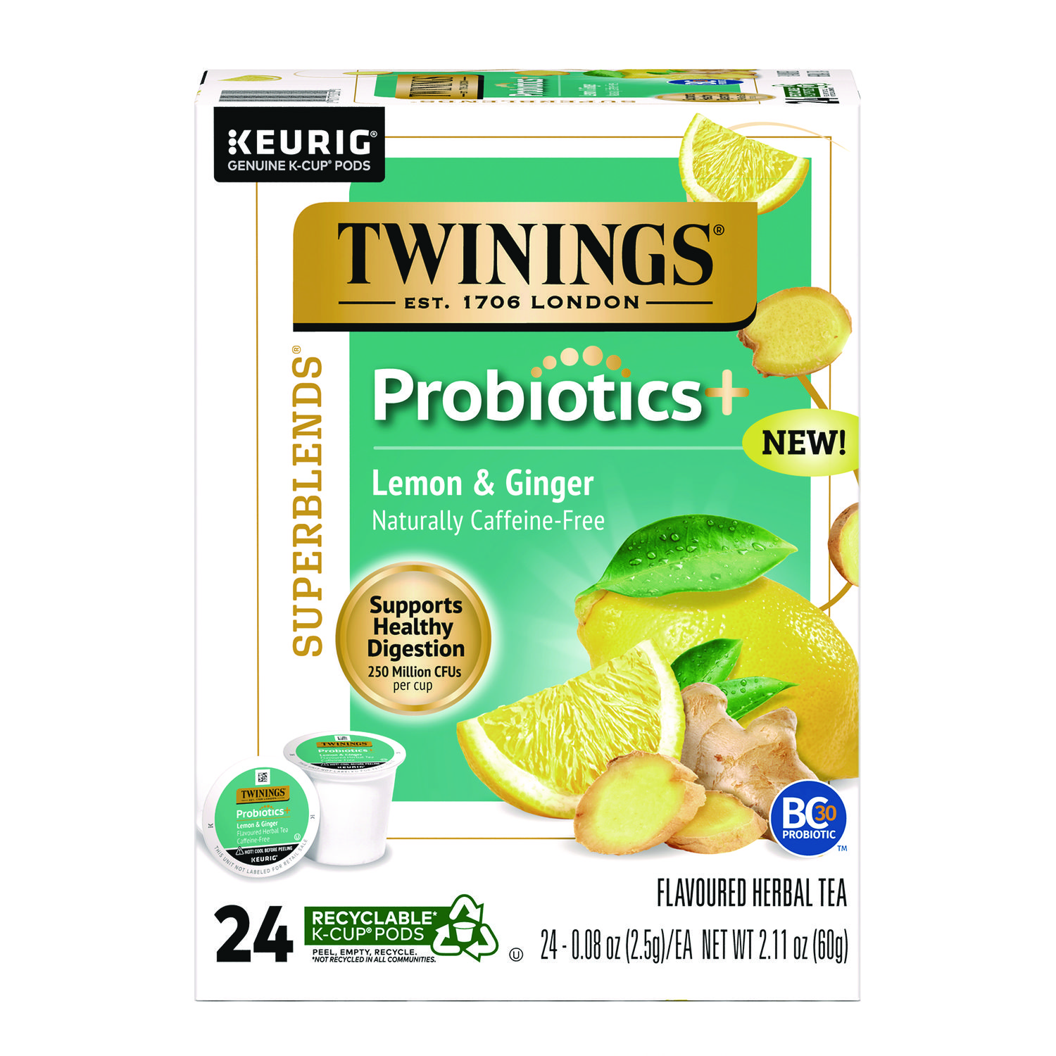 TWININGS® Probiotics+ Herbal Lemon & Ginger Tea, 24/Box