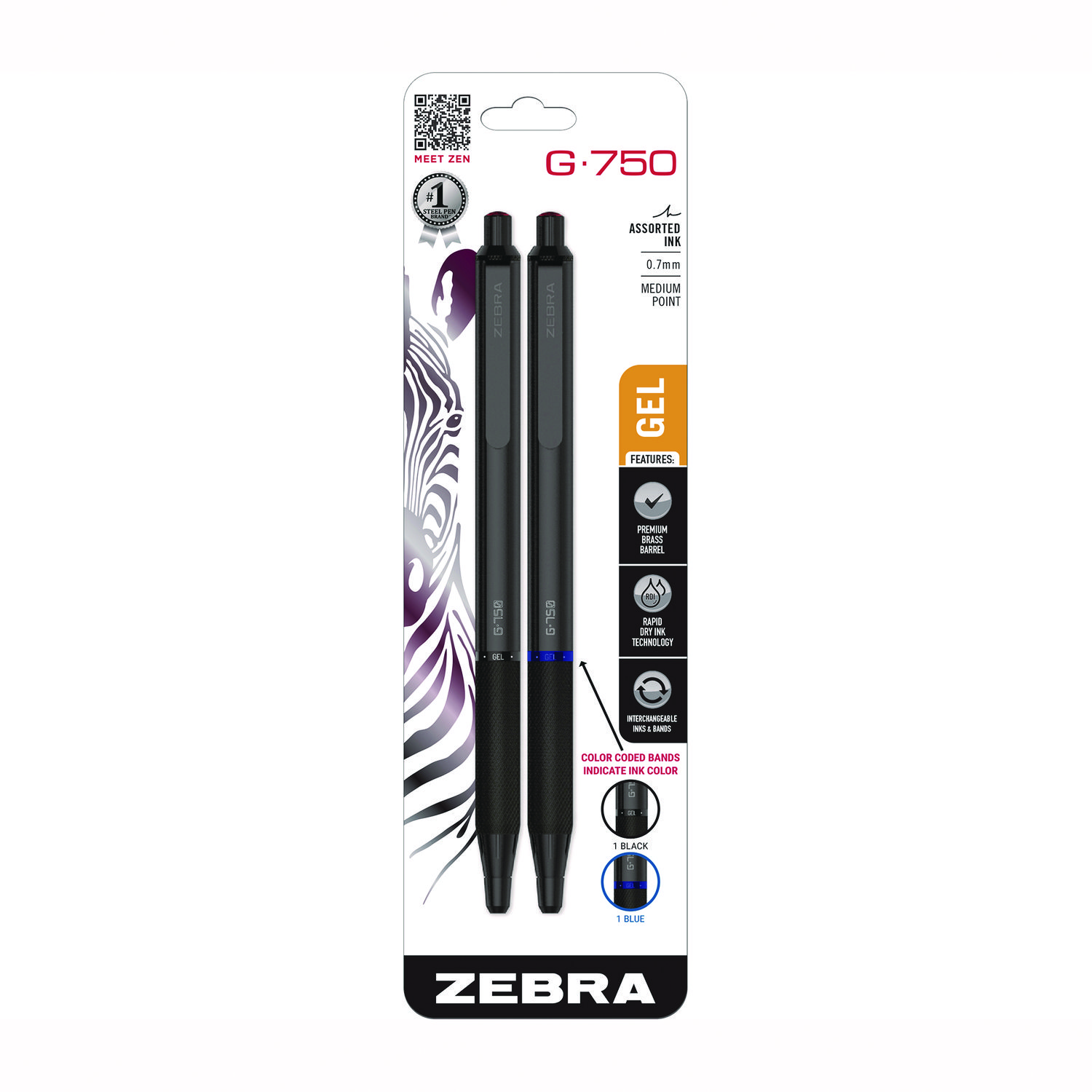 Zebra® G-750 Gel Pen, Retractable, Medium 0.7 mm, Black; Blue Ink, Black Barrel, 2/Pack