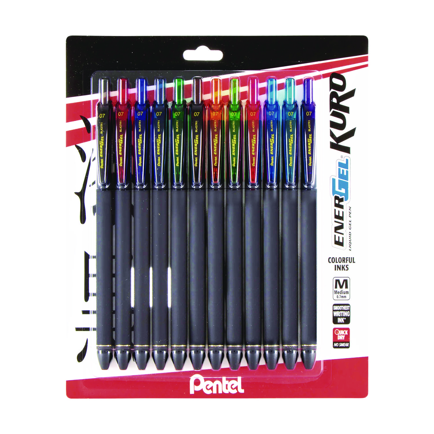 Pentel® EnerGel Kuro Gel Pen, Medium 0.7 mm, Assorted Ink, Black Barrel, 12/Pack