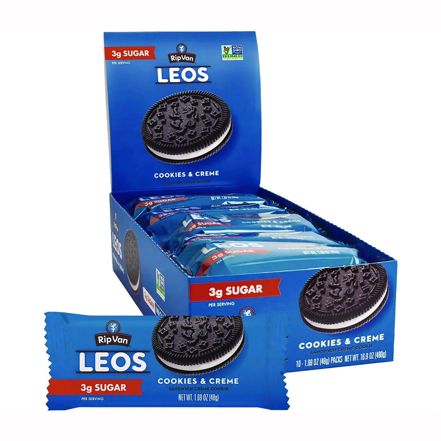 Rip Van® Leos Cookies and Cream Sandwich Cookies, 2 Cookies/Pack, 10 Packs/Box