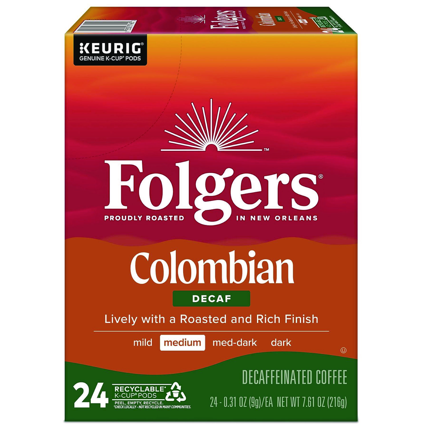 100% Colombian Decaf Coffee K-Cups, 24/Box