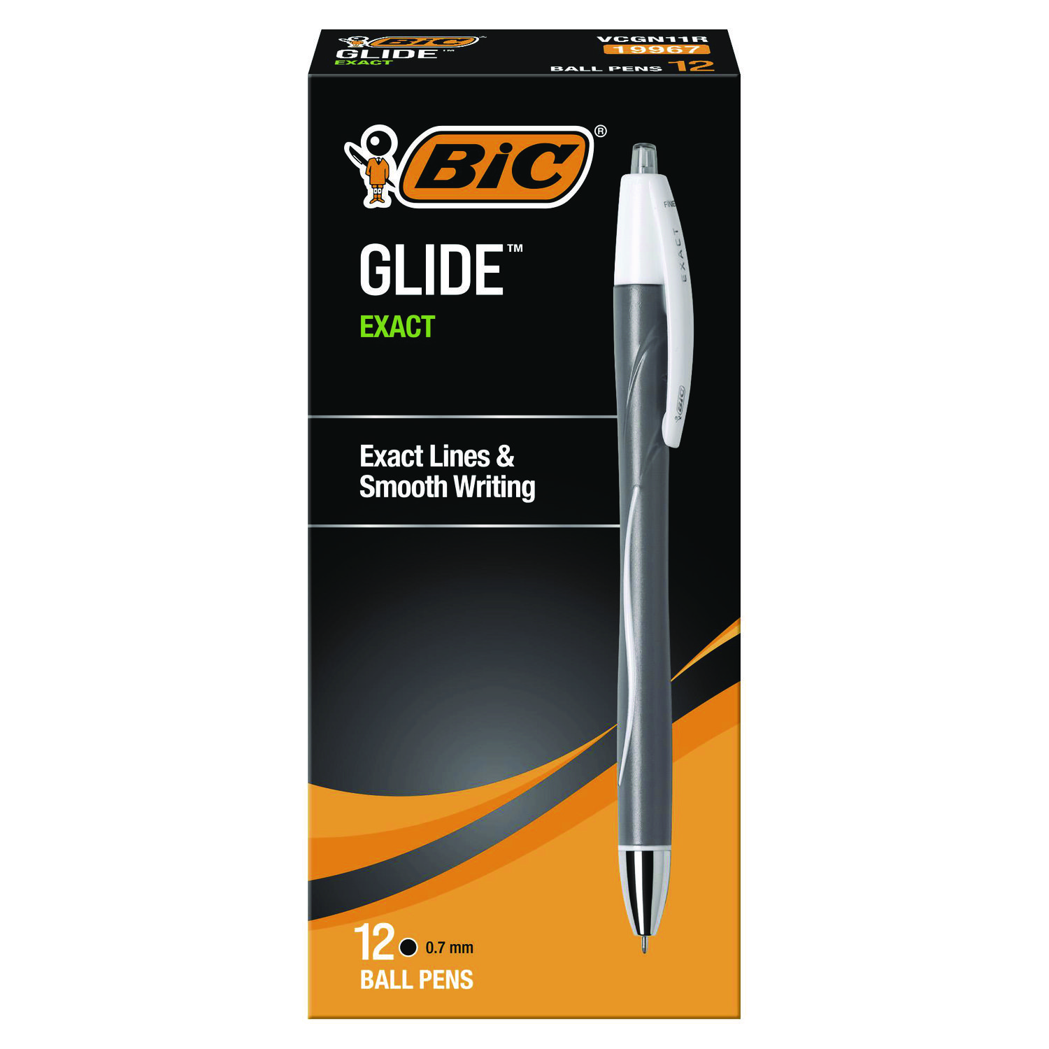 GLIDE Exact Ballpoint Pen, Retractable, Fine 0.7 mm, Black Ink, Black Barrel, Dozen