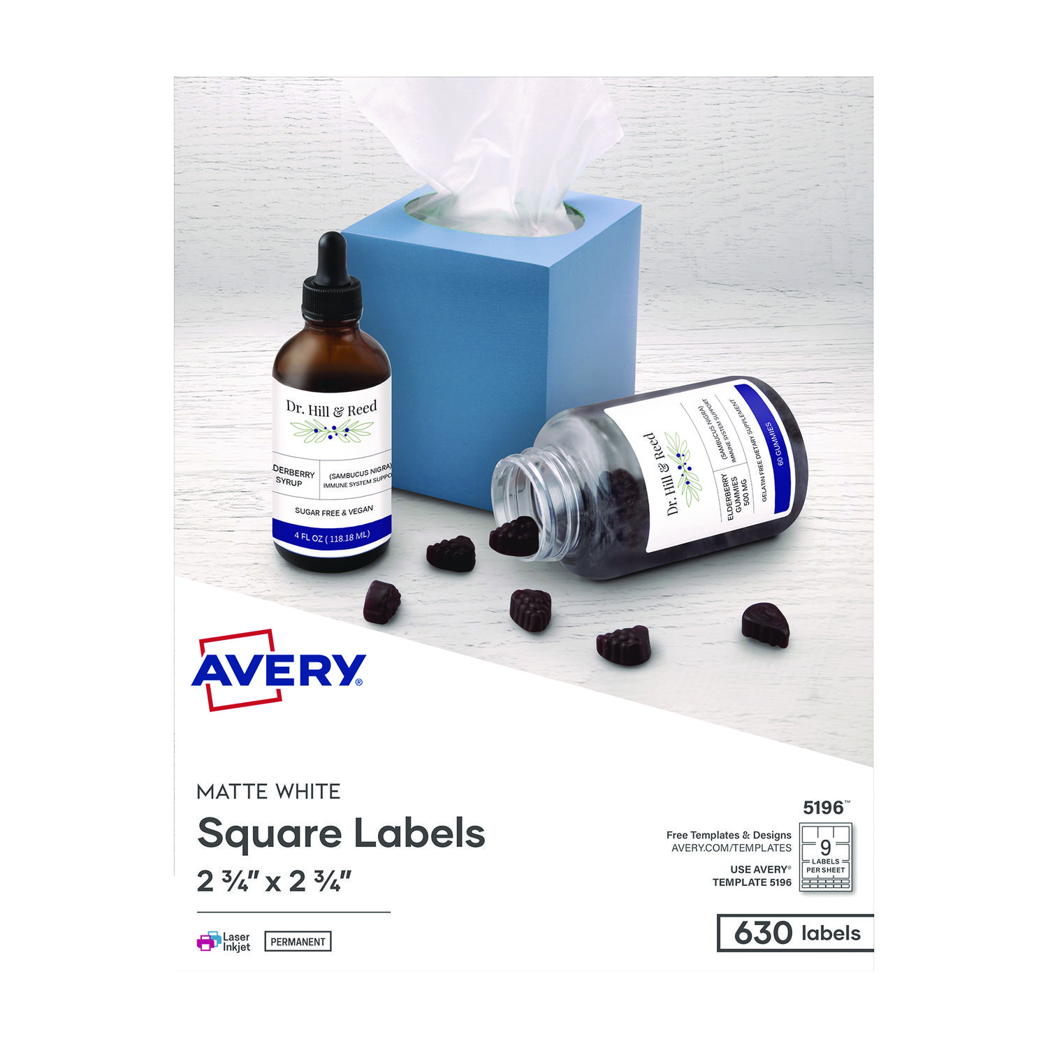 Avery® Laser/Inkjet Media Labels, Inkjet/Laser Printers, 2.75 x 2.75, Matte White, 9 Labels/Sheet, 70 Sheets/Box