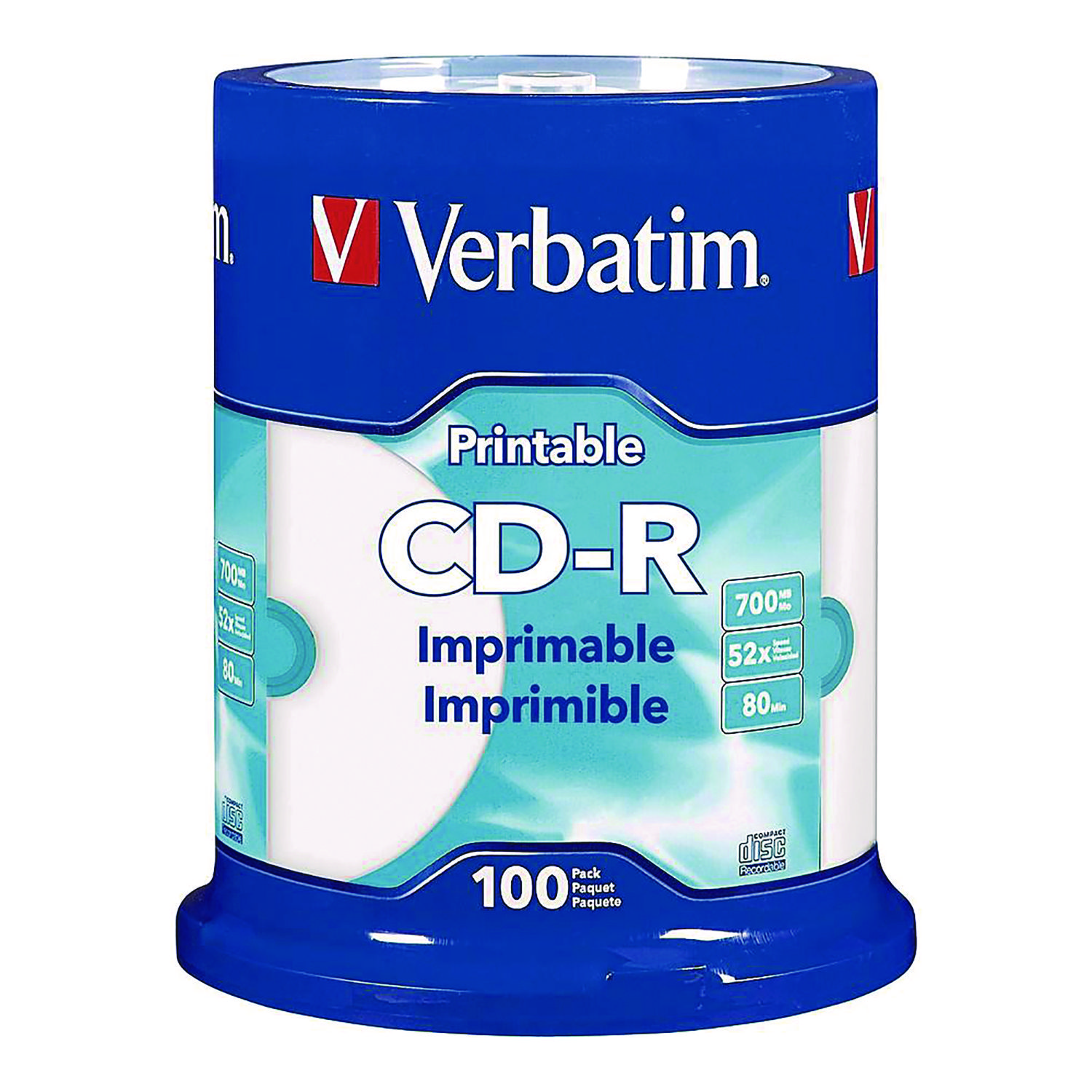 CD-R Printable Recordable Disc, 700 MB/80 min, 52x, Spindle, White, 100/Pack
