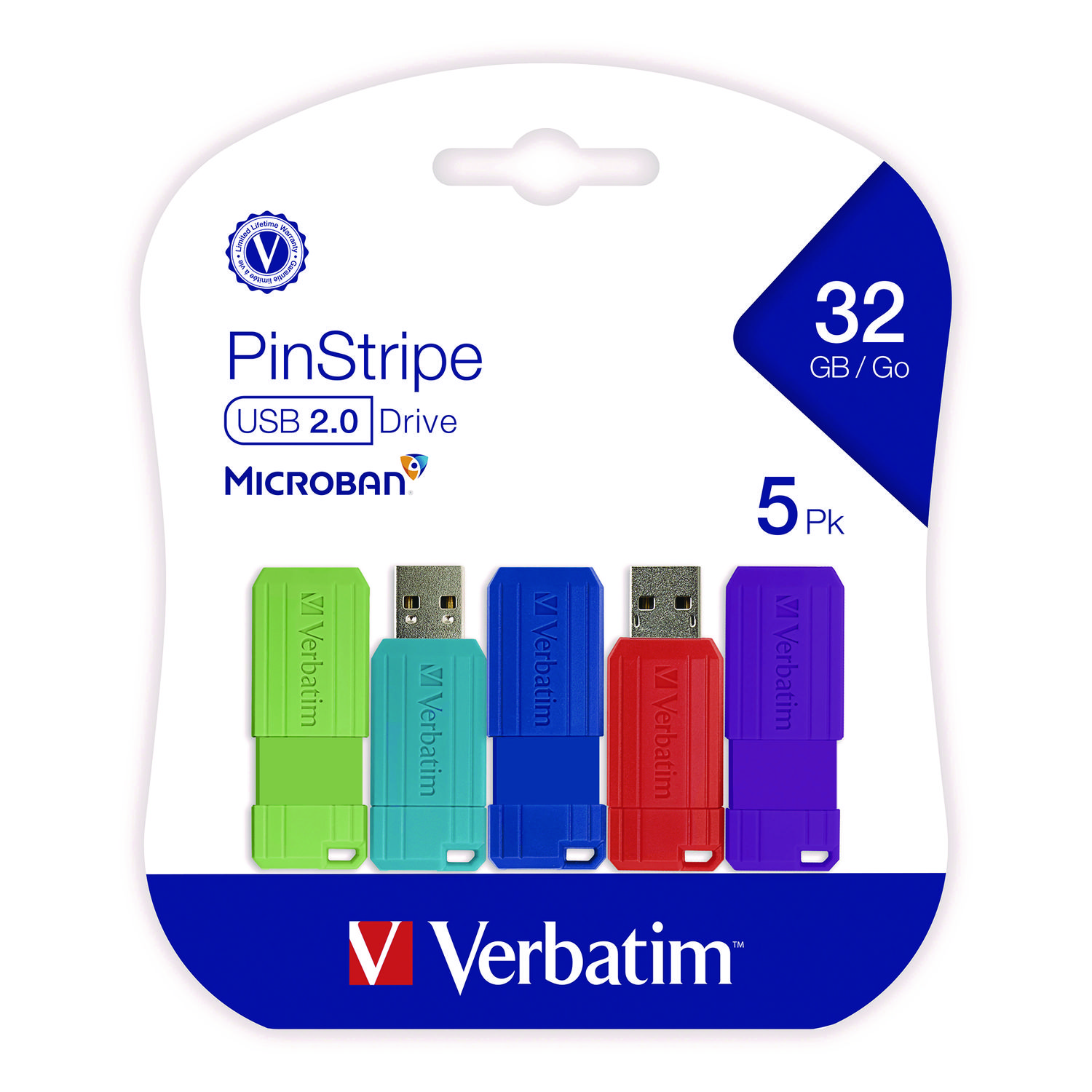 PinStripe USB 3.2 Flash Drive, 32 GB, Assorted Colors, 5/Pack