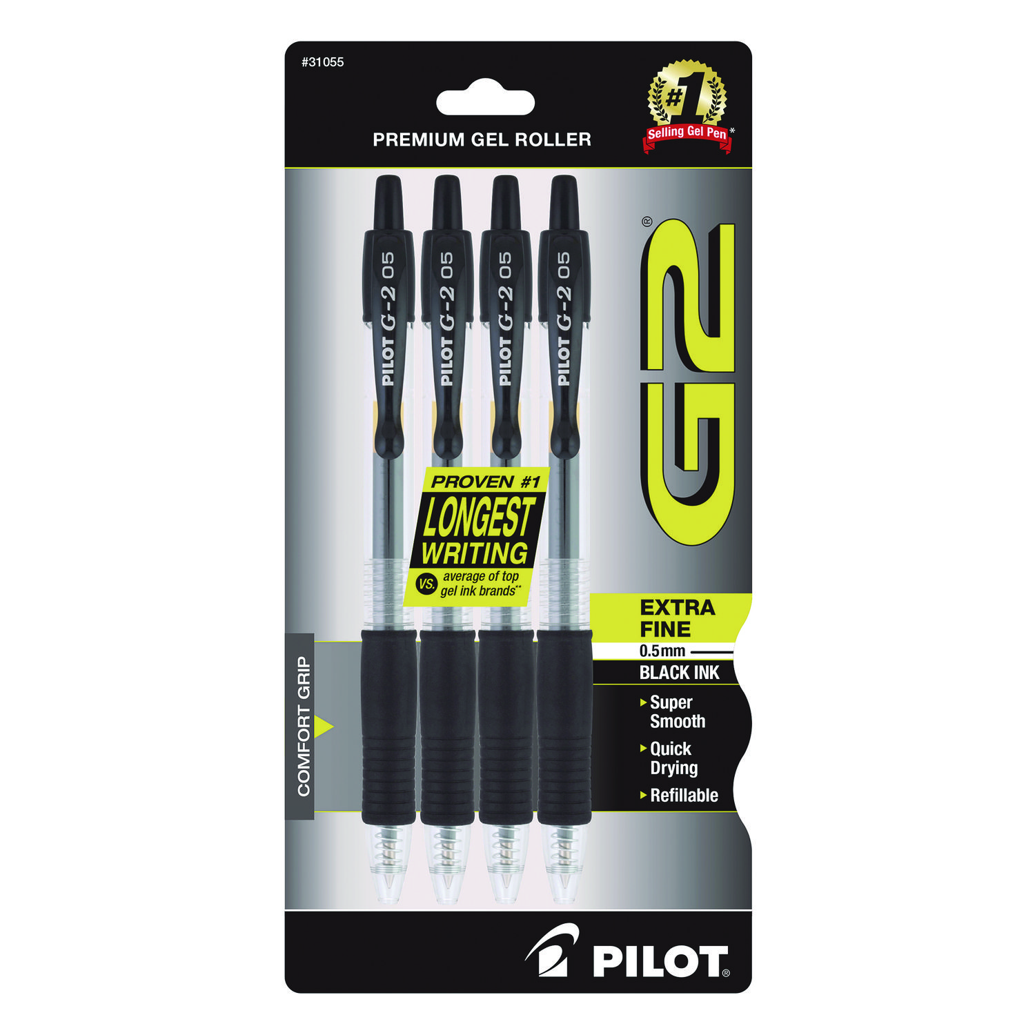 Pilot® G2 Premium Gel Pen, Retractable, Extra-Fine 0.5 mm, Black Ink, Smoke/Black Barrel, 4/Pack