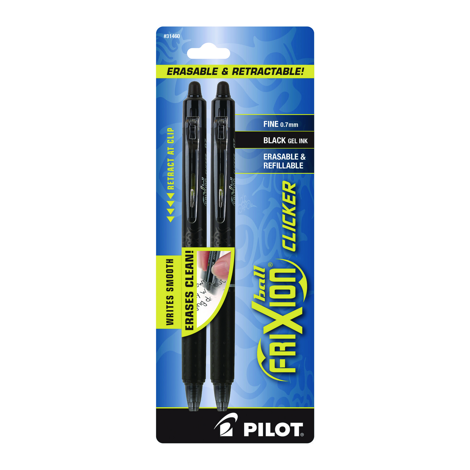 Pilot® FriXion Ball Clicker Erasable Gel Pen, Retractable, Fine 0.7 mm, Black Ink and Barrel, 2/Pack