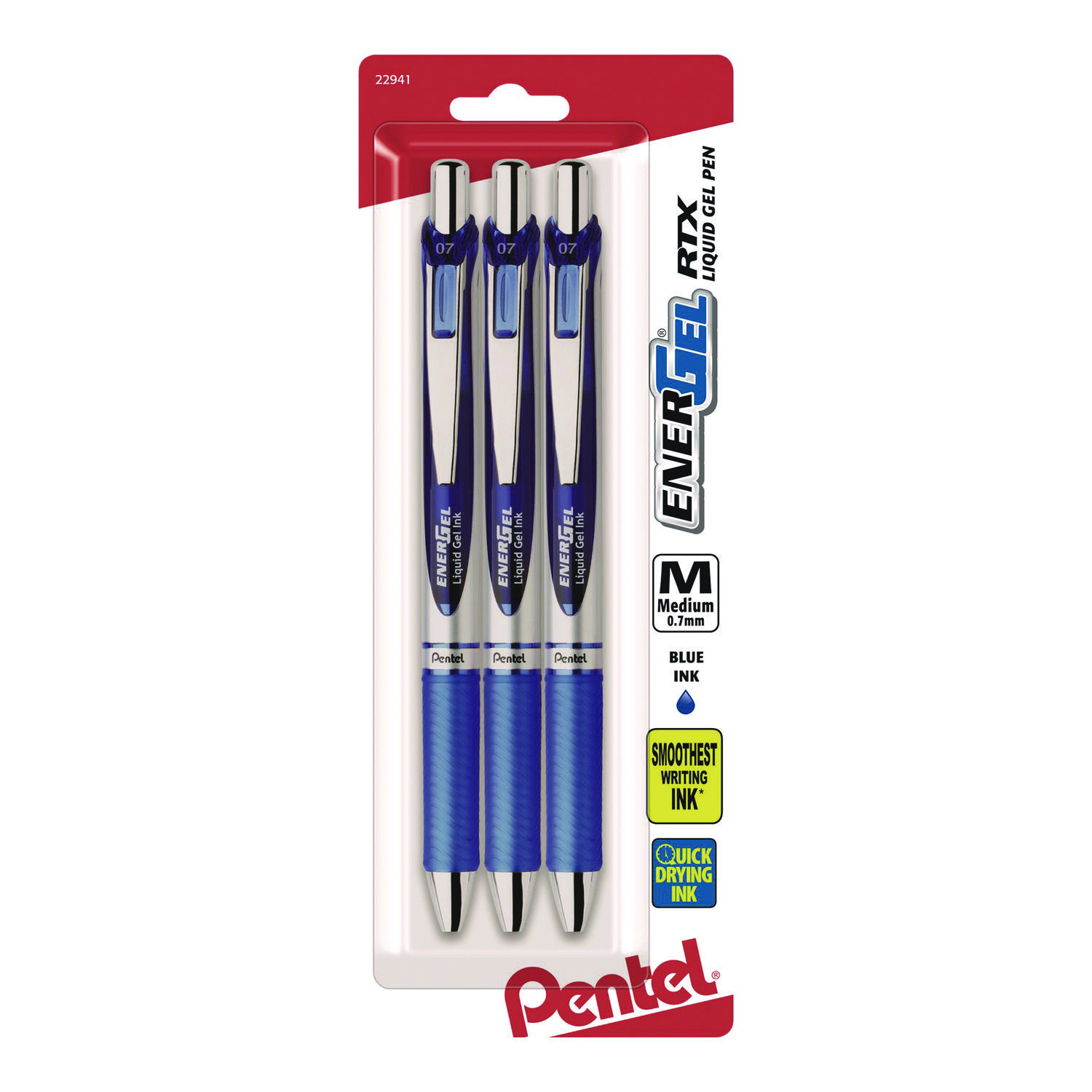 Pentel® EnerGel RTX Gel Pen, Retractable, Medium 0.7 mm, Blue Ink, Blue/Silver Barrel, 3/Pack