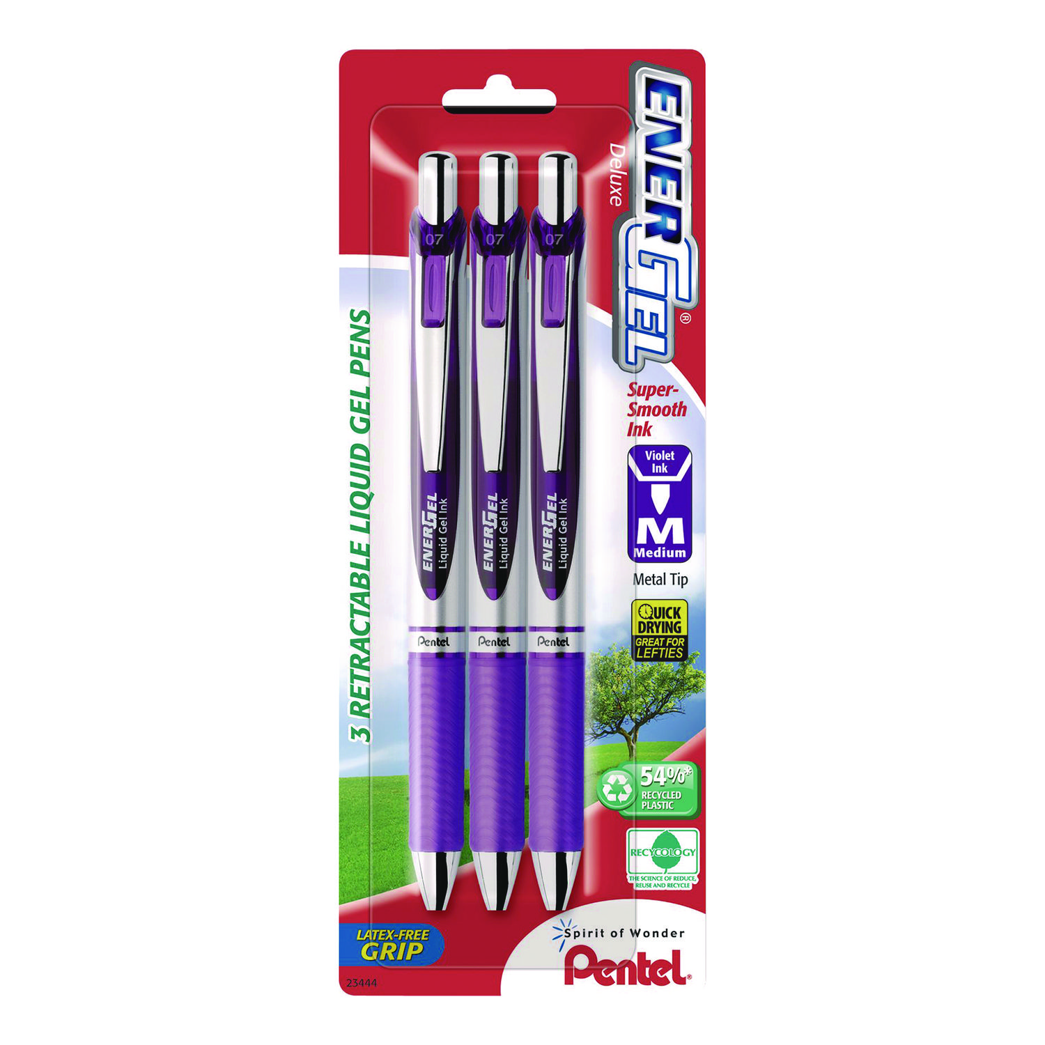 Pentel® EnerGel RTX Deluxe Gel Pen, Retractable, Medium 0.7 mm, Purple Ink, Purple/Silver Barrel, 3/Pack