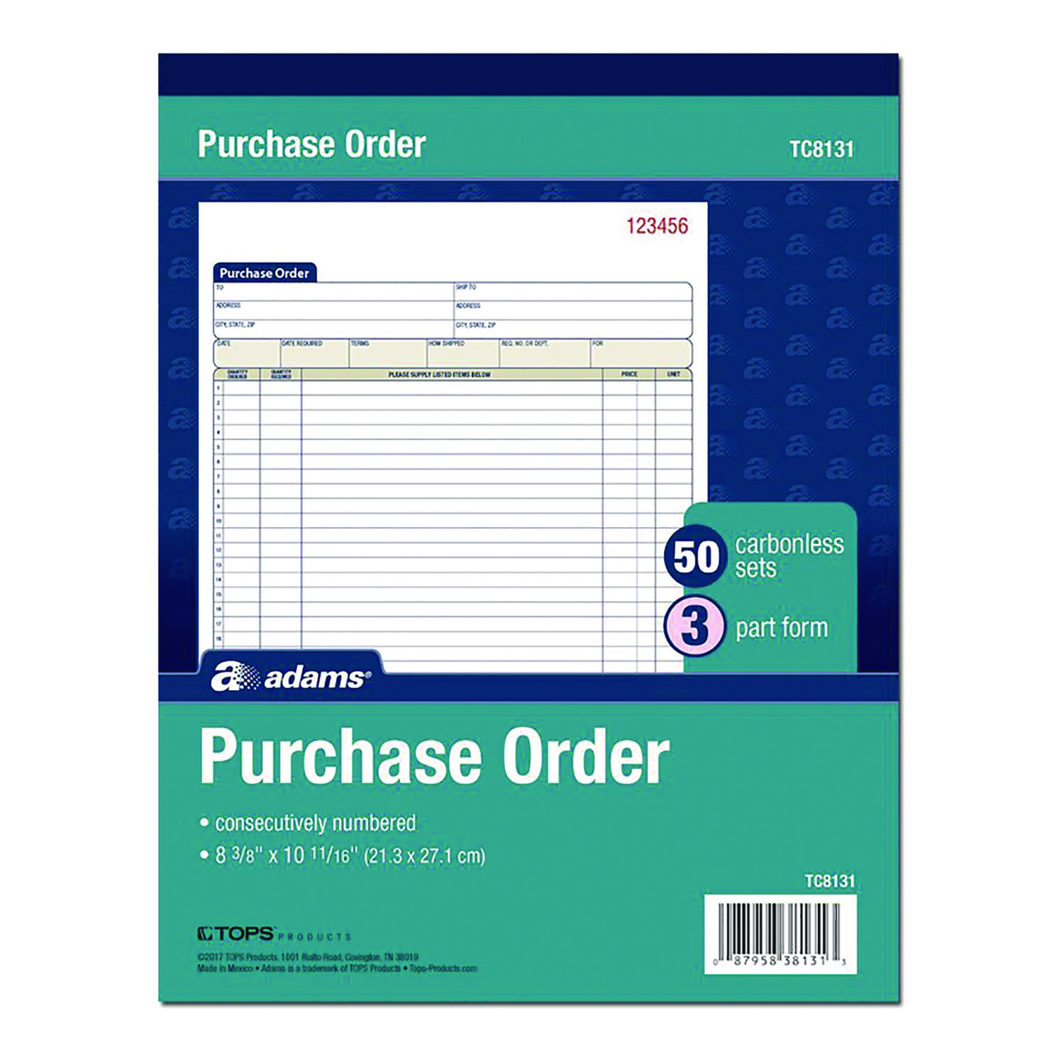 Adams® Multipart Purchase Order Pad, Three-Part Carbonless, 8.38 x 10.19, 50 Forms Total