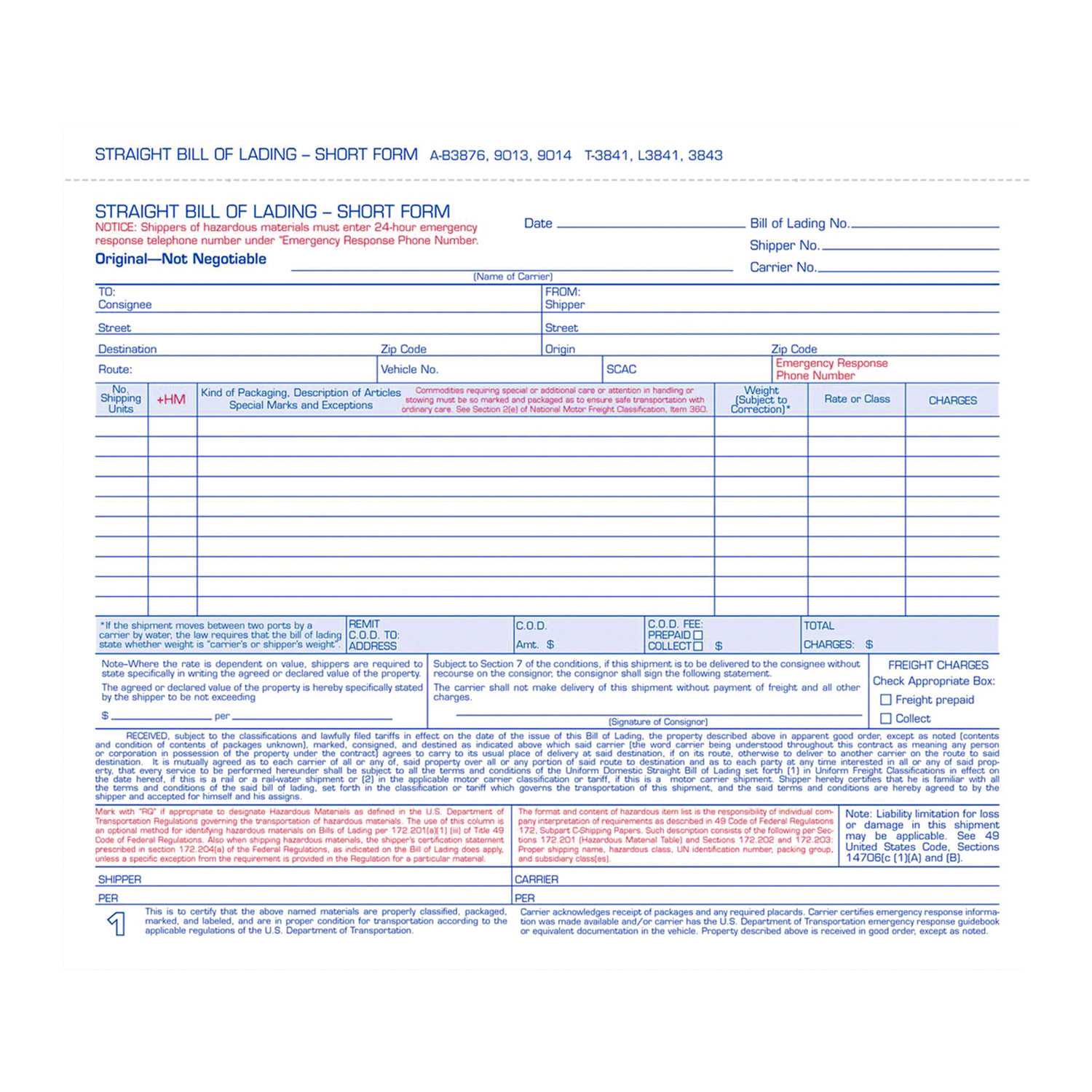 Adams® Bill of Lading - Short Form for Up to Ten Articles, Three-Part Carbonless, 8.5 x 6.94, 50 Forms Total