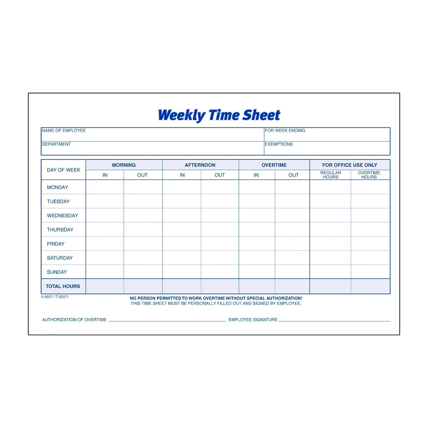 Adams® Time Sheets, One Part (No Copies), 8.5 x 5.5, 100 Forms/Pad, 2 Pads/Pack