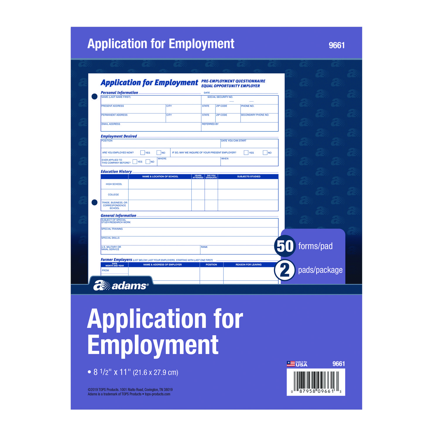 Adams® Employment Applications, One-Part (No Copies), 11 x 8.38, 50 Forms/Pad, 2 Pads/Pack