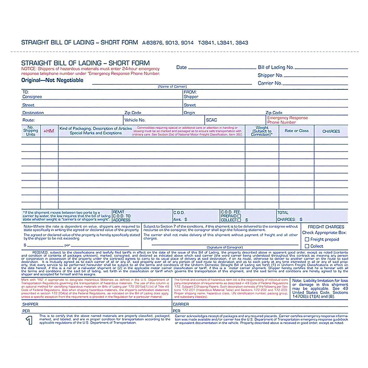 Adams® Bill of Lading - Short Form for Up to Ten Articles, Three-Part Carbonless, 8.5 x 6.94, 250 Forms Total