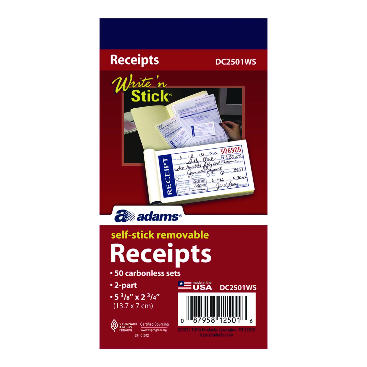 Adams® Write 'n Stick Receipt Book, Two-Part Carbonless, 4.88 x 2.75, 50 Forms Total